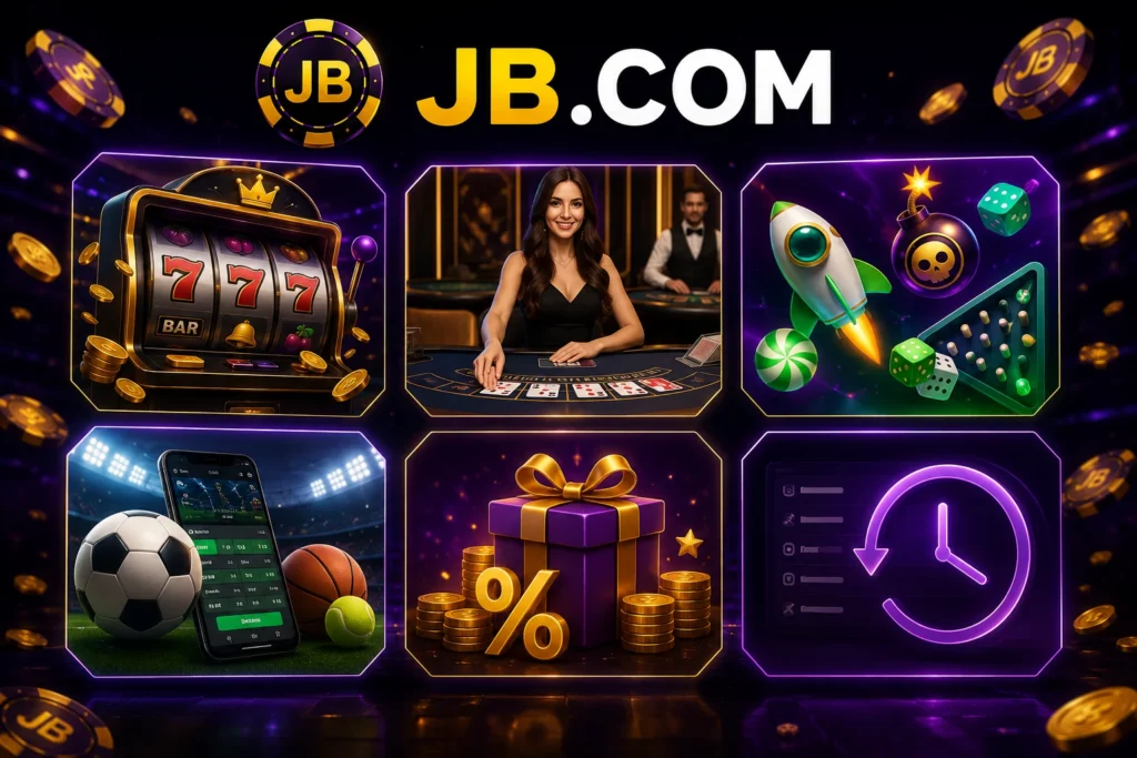 Разделы приложения JB.COM с казино, Live Casino, ставками, бонусами и историей аккаунта.