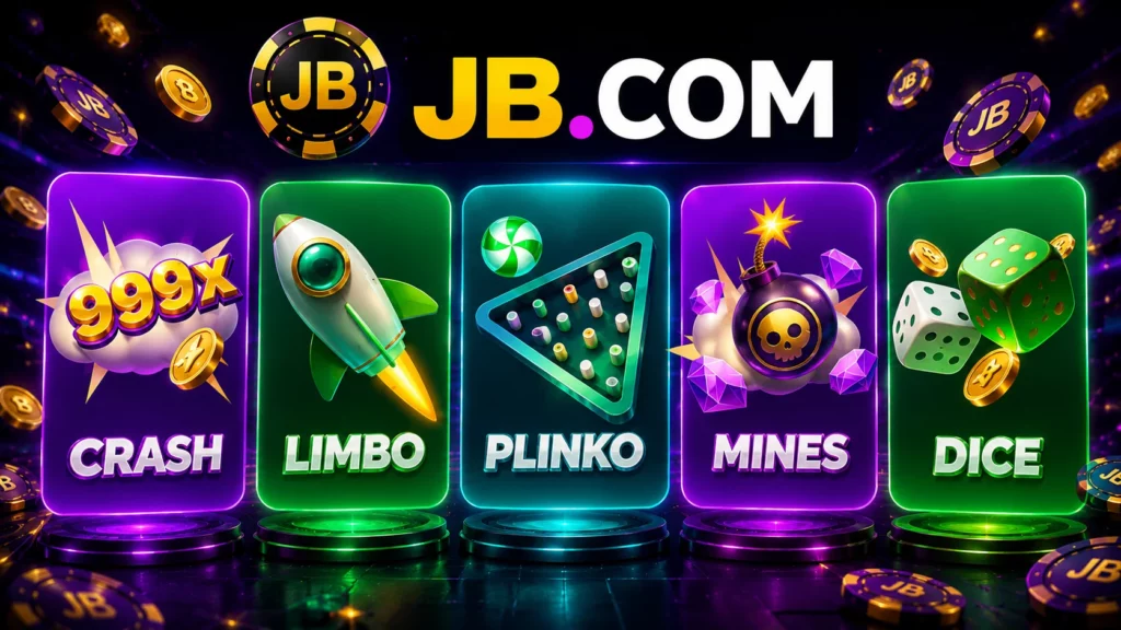 Оригинальные игры от JB.COM, включая Crash, Limbo, Plinko, Mines и Dice.